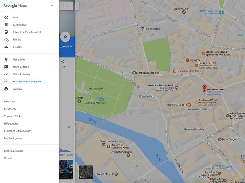 Menü Google Maps