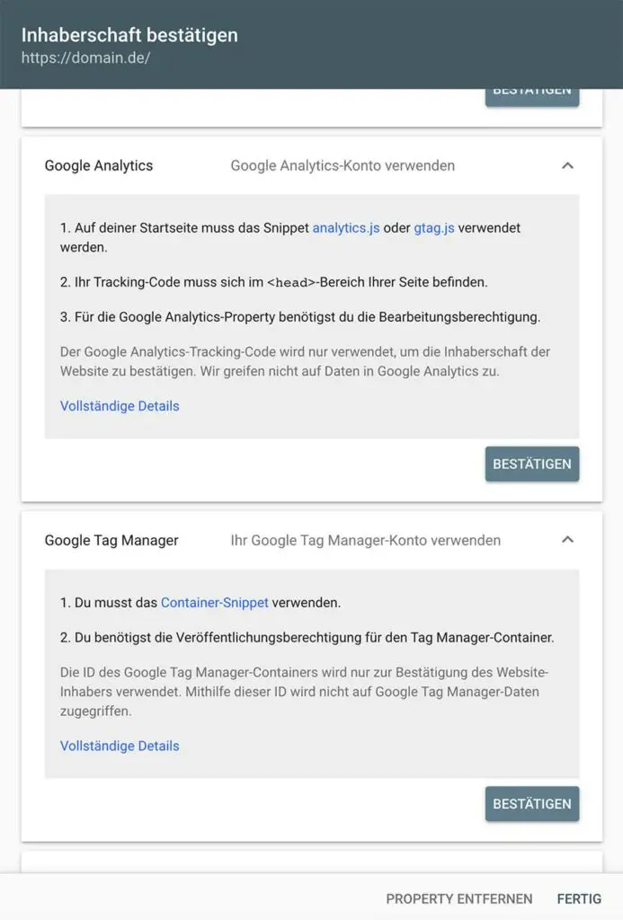 Inhaberschaft bestätigen mit Google Analytics